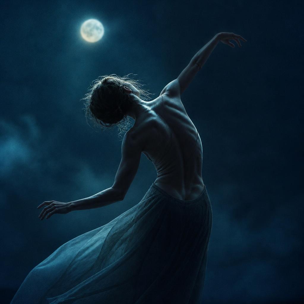 A figure suspended in a long luminous spiral, moonlit