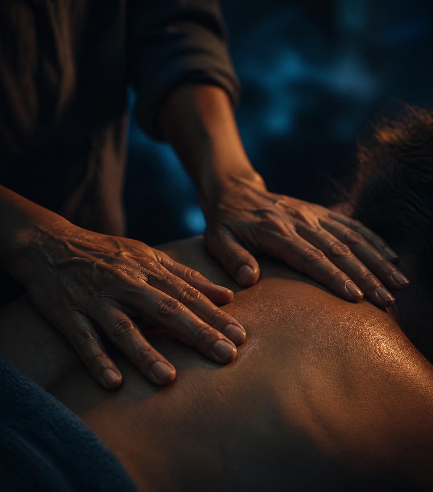 Close-up of hands moving softly along a person's back during a floor bodywork session