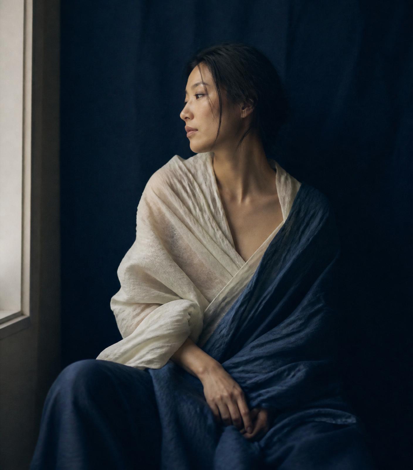 A portrait in soft light, a body being seen