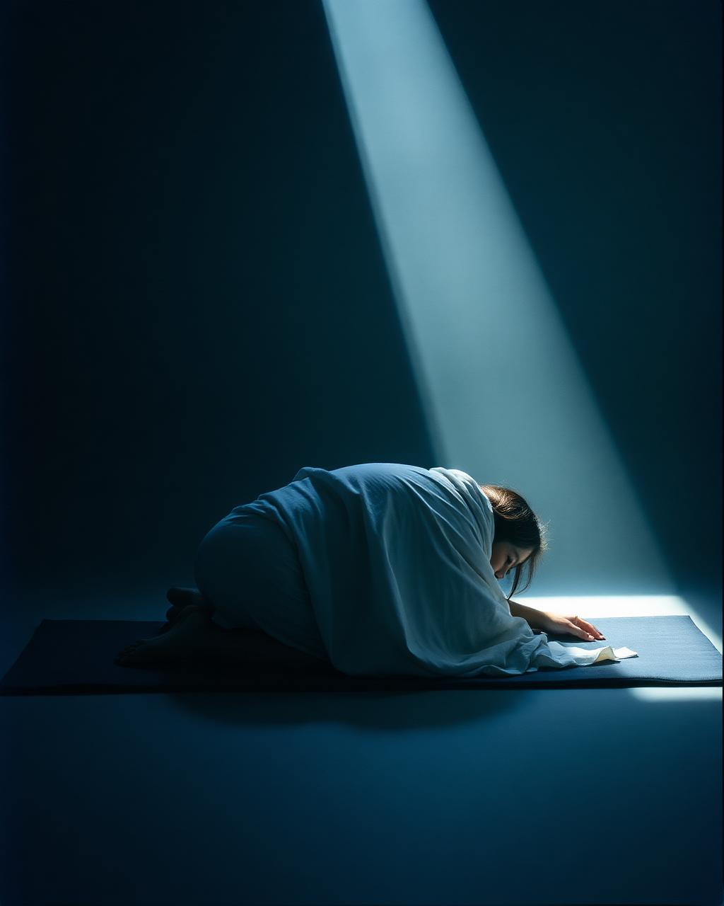 A person resting curled on a mat in soft, moonlit stillness