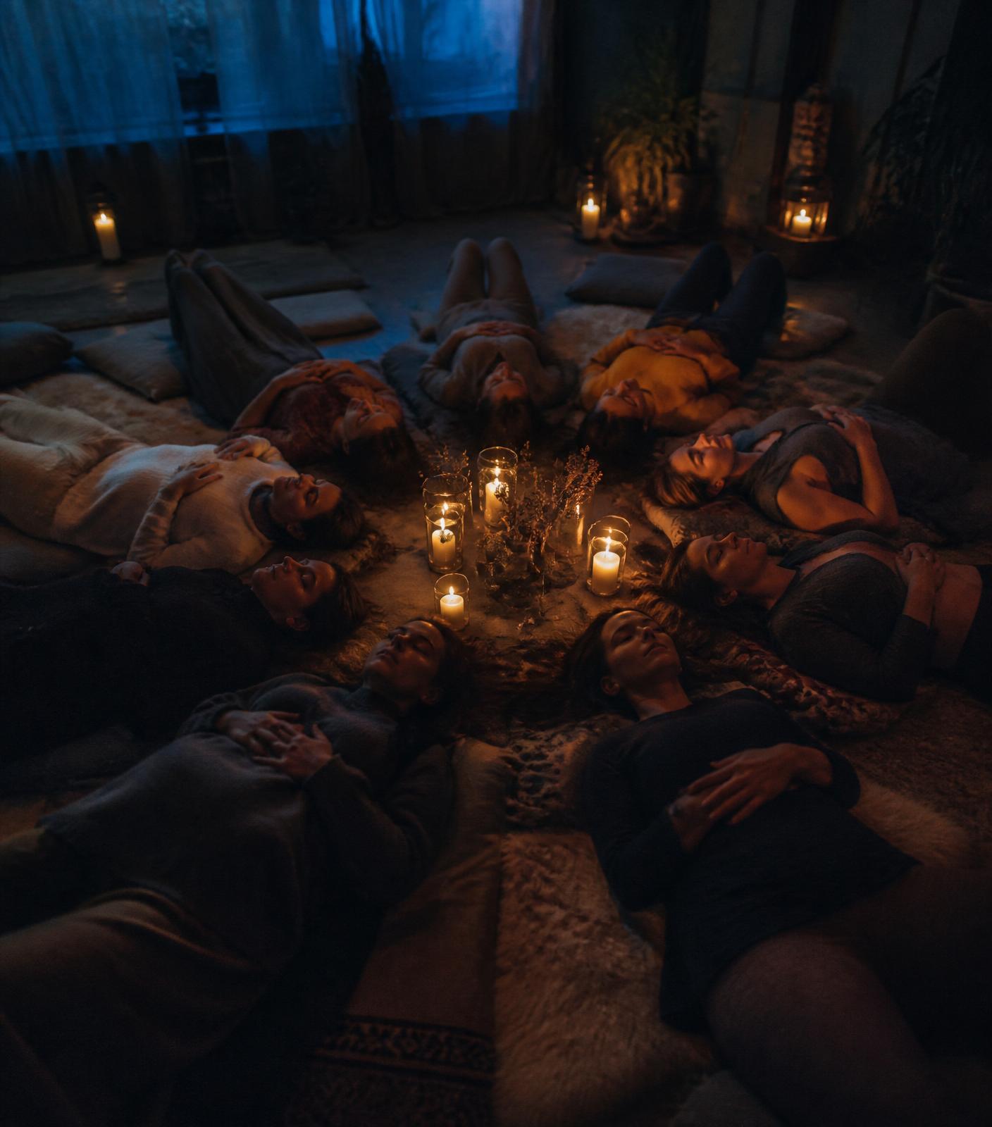 A group gathered in candlelight for a somatic session